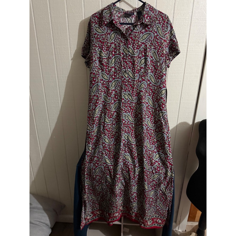 Crazy Horse Liz Claiborne Red Paisley Maxi Dress Short Sleeve Button Front 14